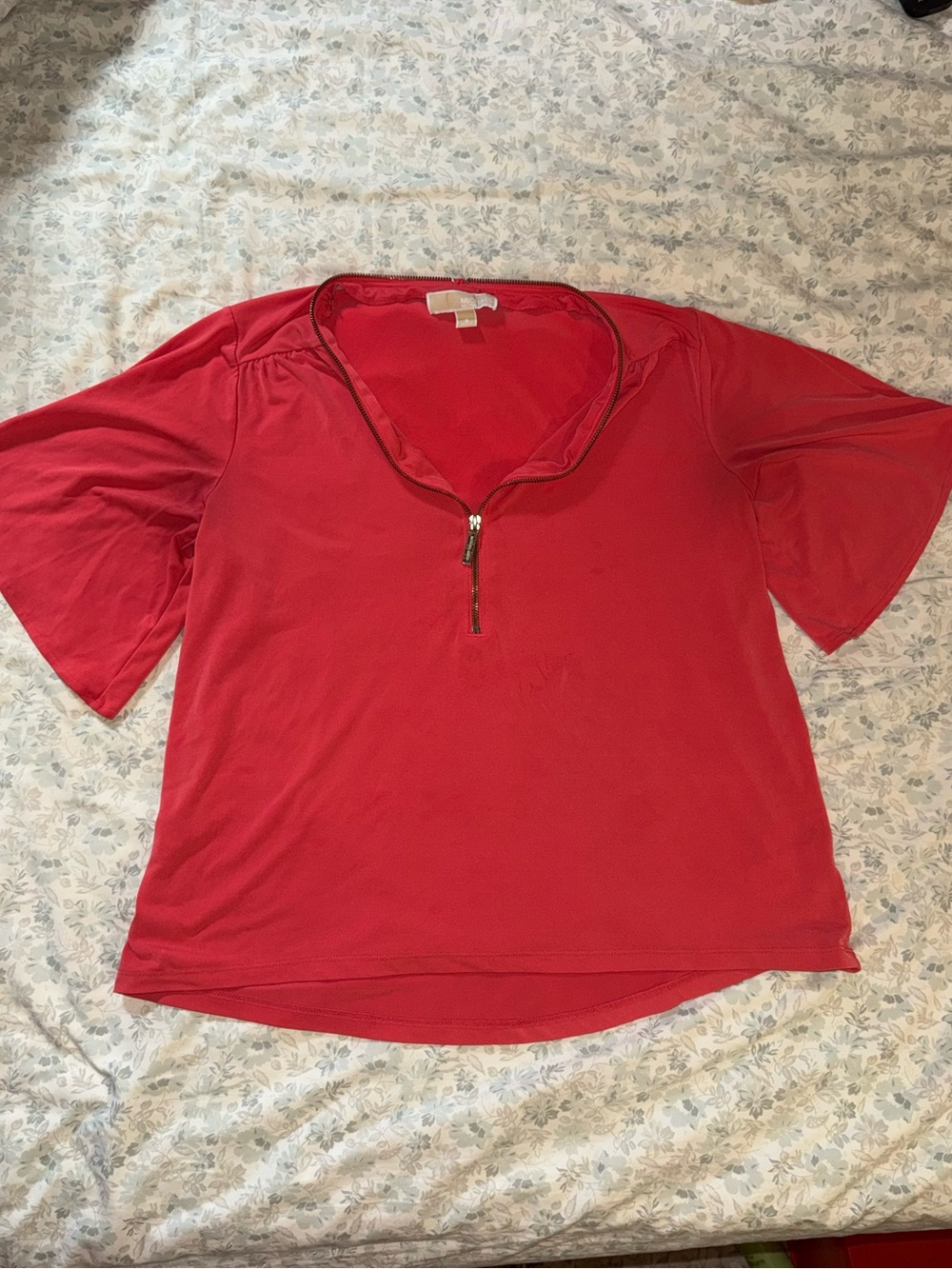 Red Short-Sleeve Zip-Neck Women's Top